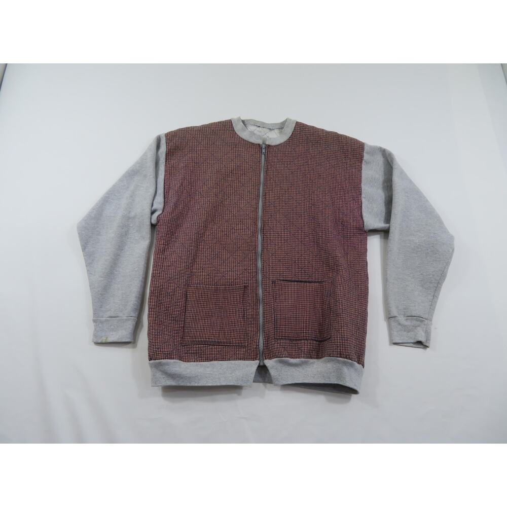 Quilted House Smokers Coat Jacket Gray Red Zip Up Sz L 1980s